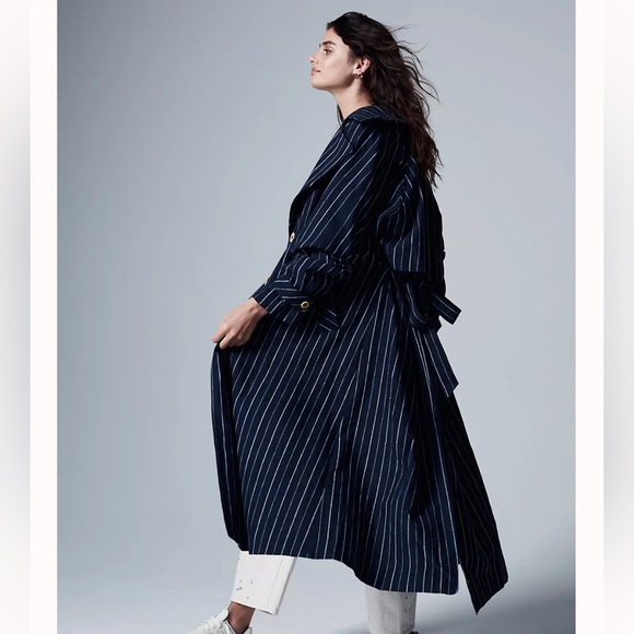 NWT Free People We The Free Melia Mac Pinstripe Trench Coat Navy & White Medium